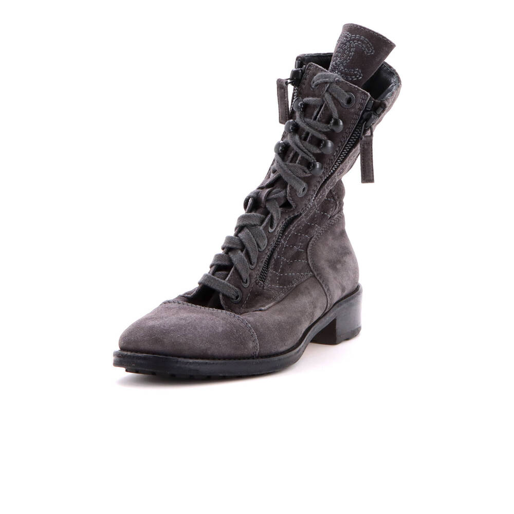 Chanel Women's CC Lace Up Combat Boots Quilted Suede